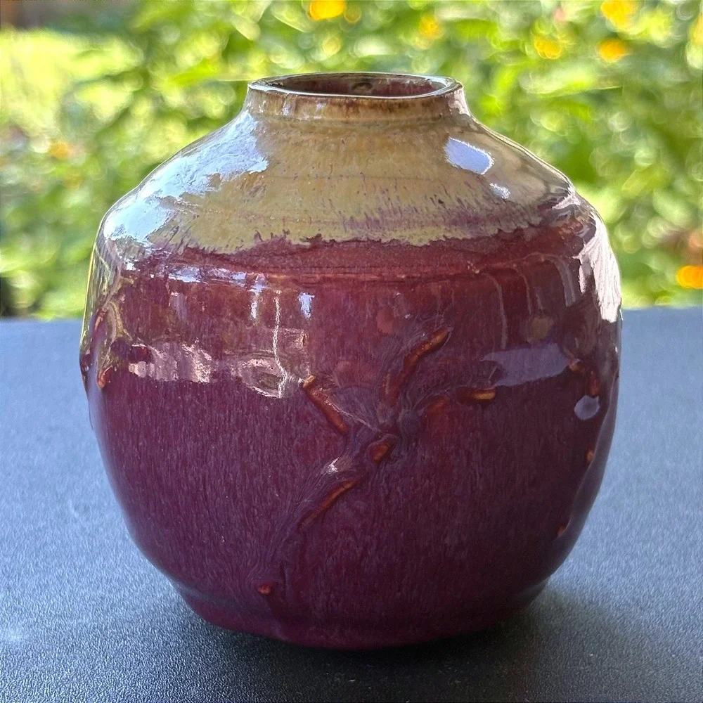 Studio Pottery Dragonfly Bud Vase Plum Purple Glazed Stoneware